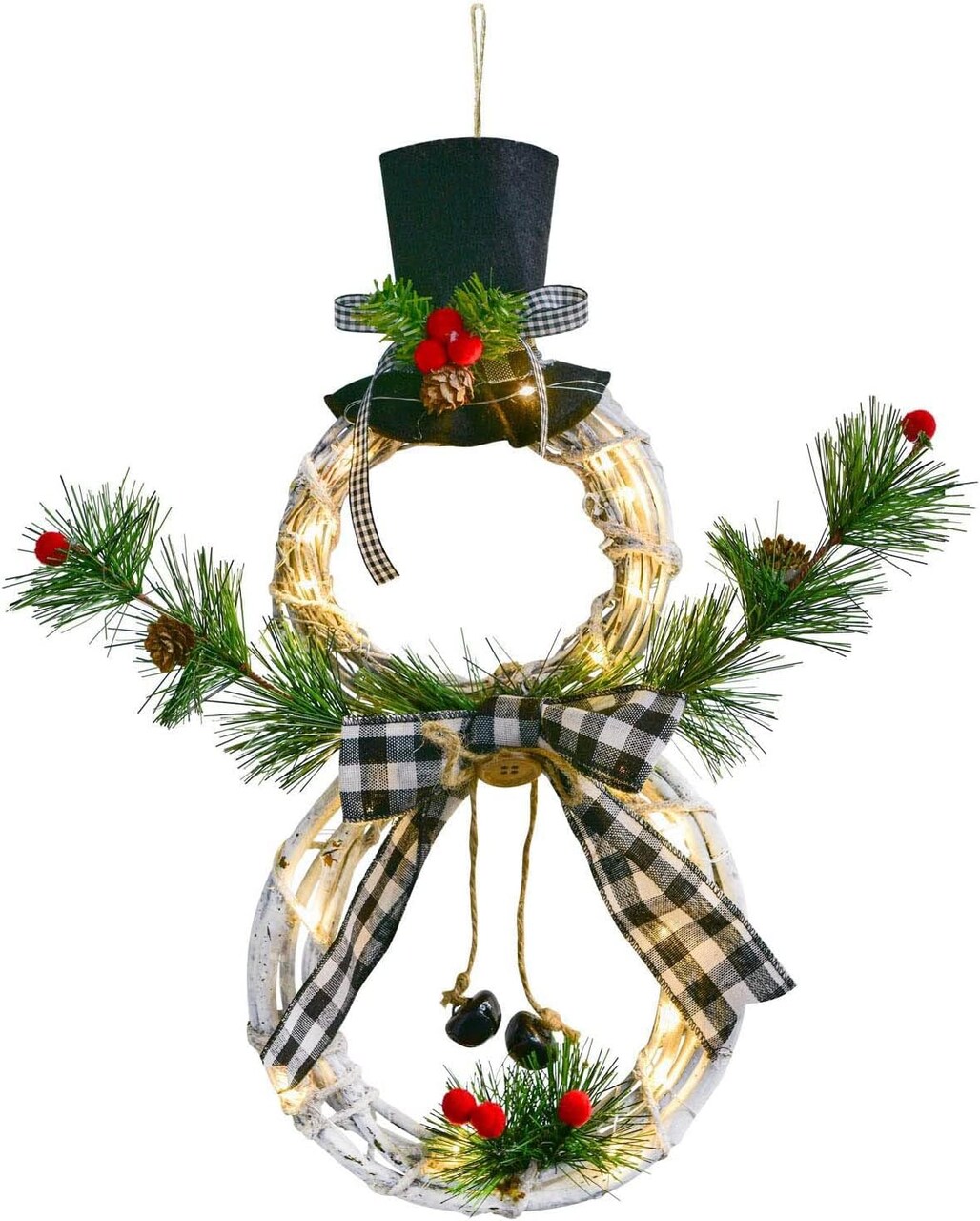 Lighted Christmas Wreath Decoration, 16 x 8 Inch Grapevine Wreath with Hat and Bow Snowman Shape Wreath for Front Door Home Garden Wall Decor